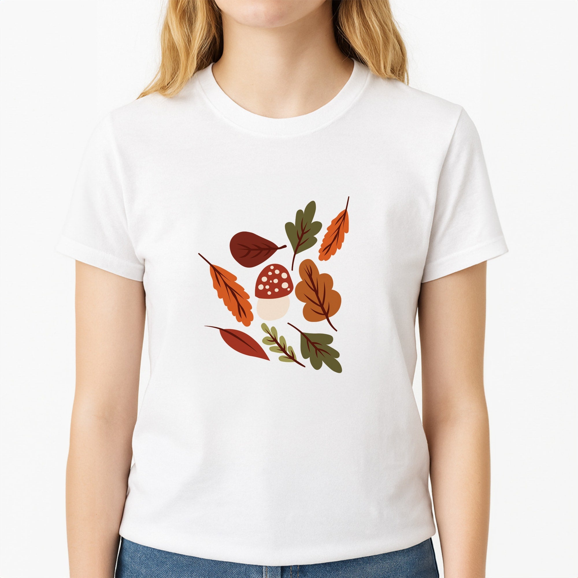 Autumn Pattern Unisex T-Shirt, worn by a female model