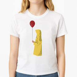 Holding Balloon - Clown Unisex T-Shirt, worn by a female model