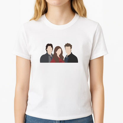 Elena, Damon And Stefan - VD Unisex T-Shirt, worn by a female model