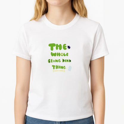 The Whole Being Dead Thing - Beetle Halloween Unisex T-Shirt, worn by a female model