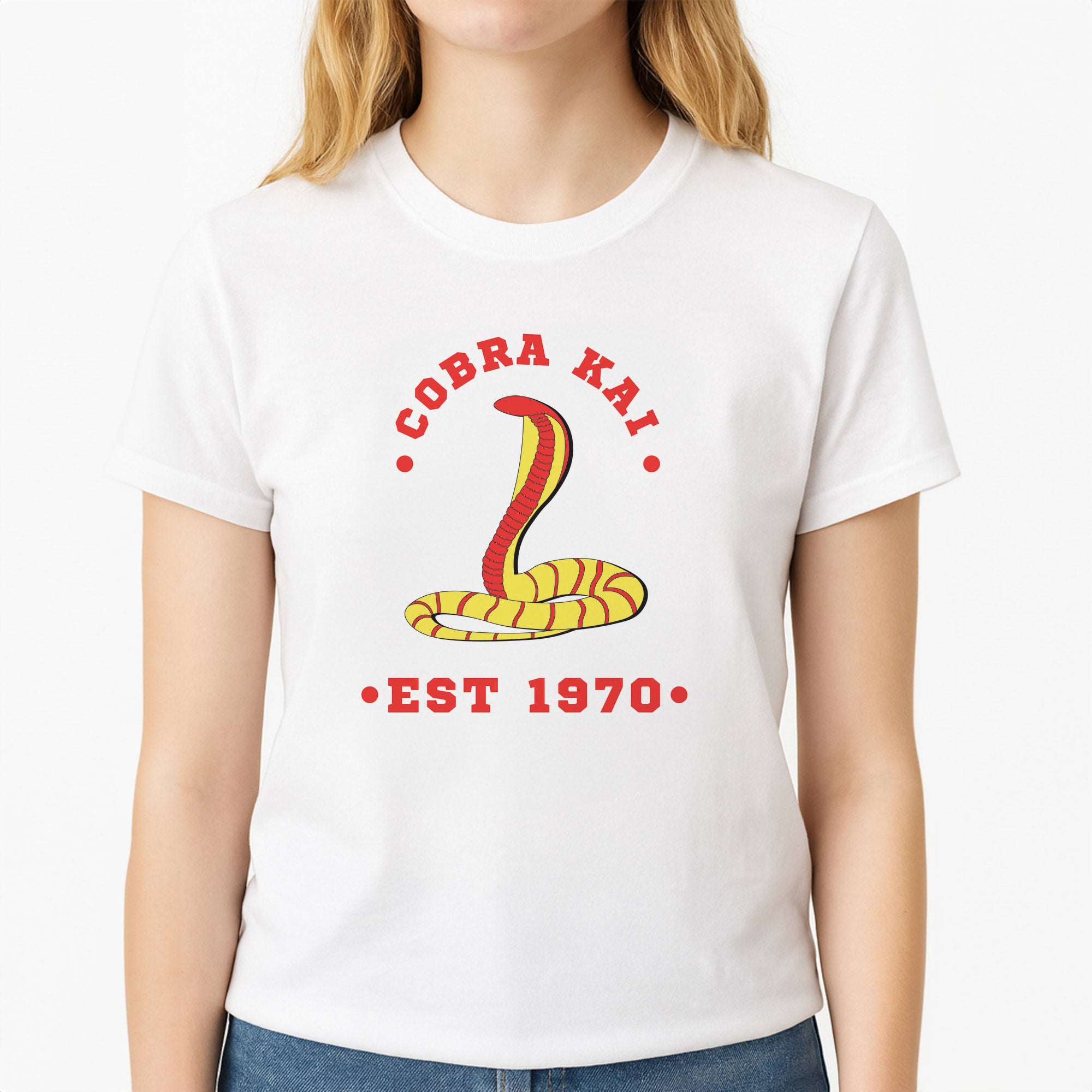 Snake Est 1970 Unisex T-Shirt, worn by a female model
