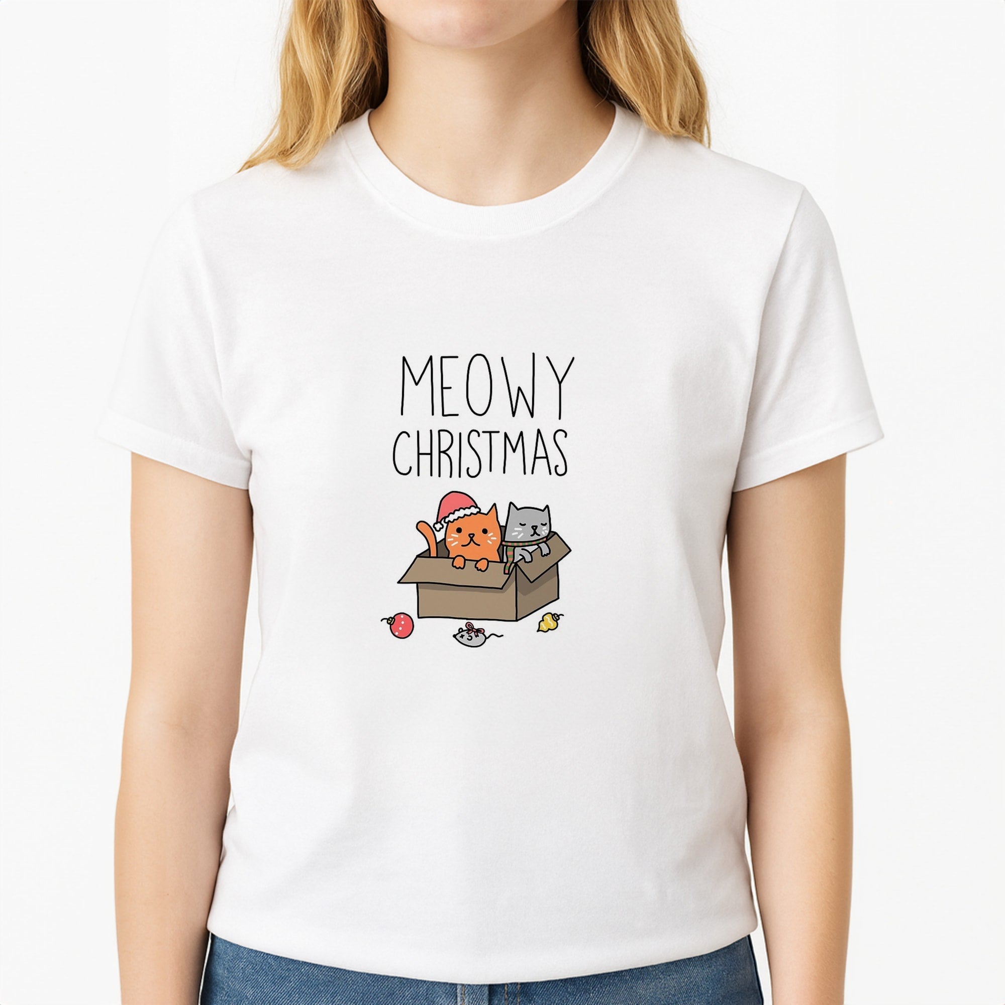 Meowy Christmas Unisex T-Shirt, worn by a female model