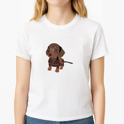 Brown - Dachshunds Unisex T-Shirt, worn by a female model