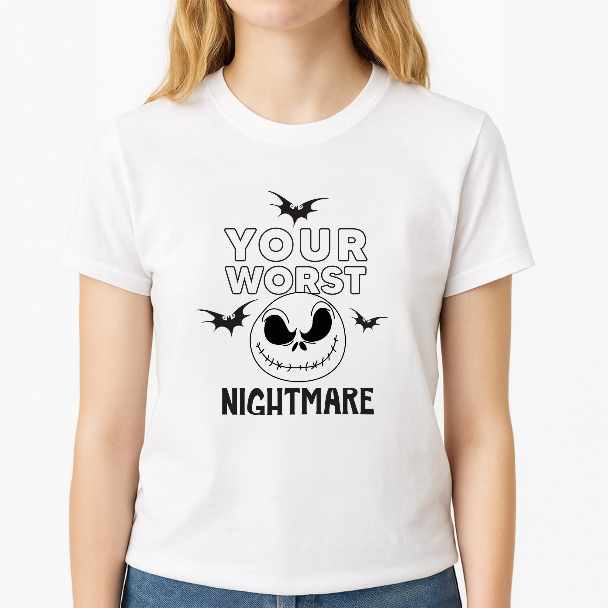 Your Worst Nightmare Purple Unisex T-Shirt, worn by a female model