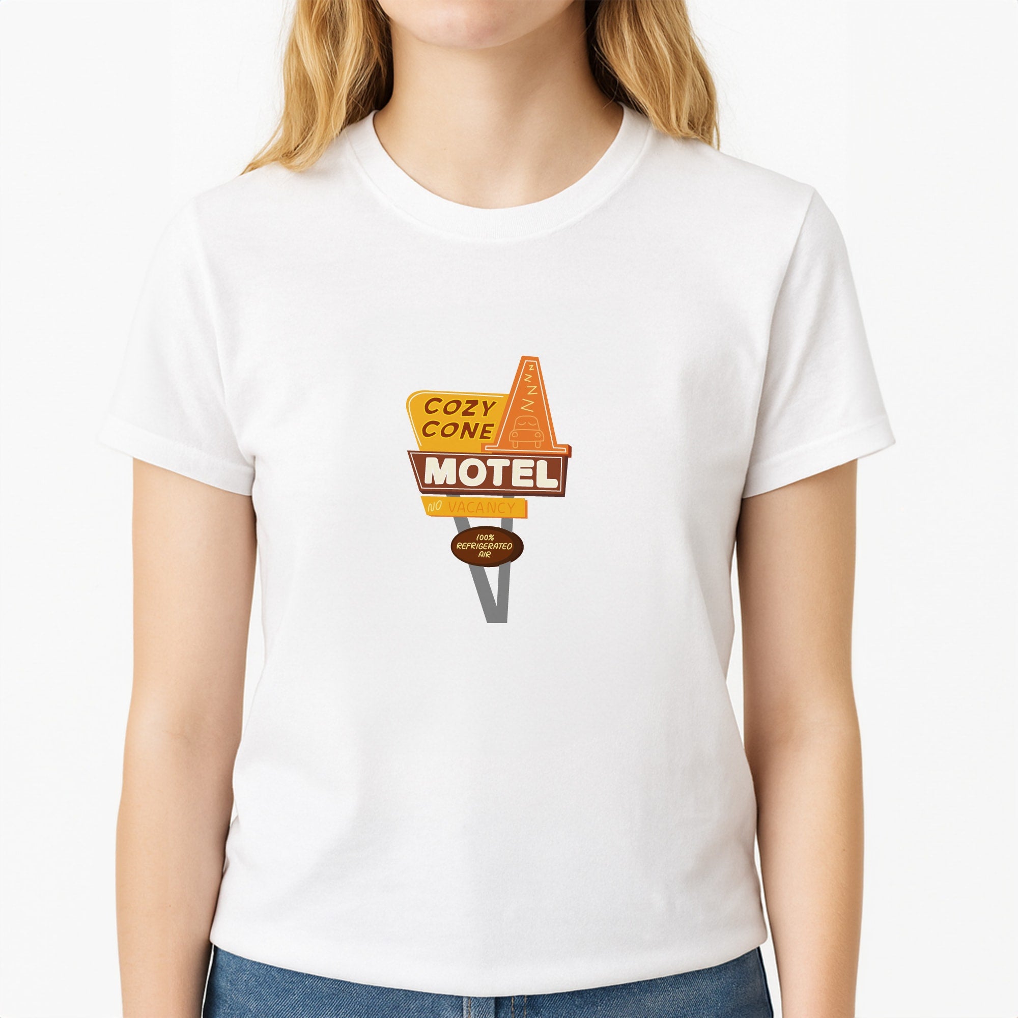Cozy Cone Motel - Cars Unisex T-Shirt, worn by a female model
