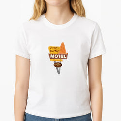 Cozy Cone Motel - Cars Unisex T-Shirt, worn by a female model