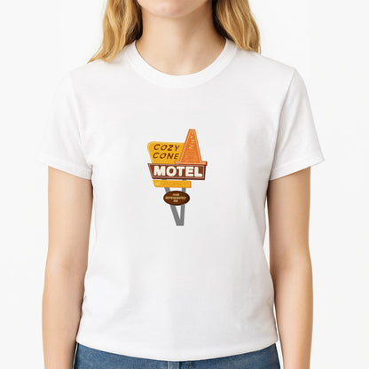 Cozy Cone Motel - Cars Unisex T-Shirt, worn by a female model