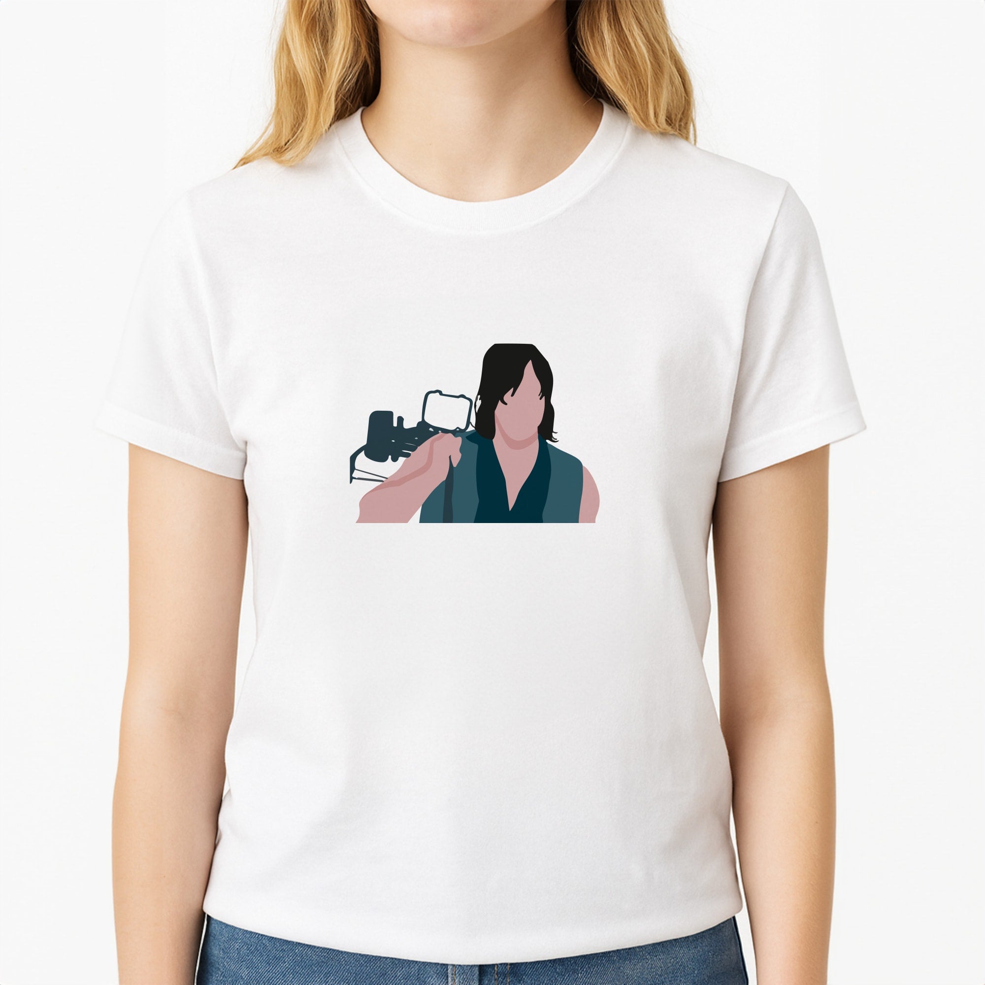 Daryl And His Crossbow - TWD Unisex T-Shirt, worn by a female model