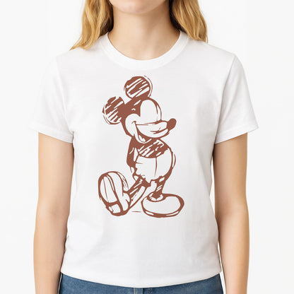 Sketched Mouse Outline Beige  Unisex T-Shirt, worn by a female model
