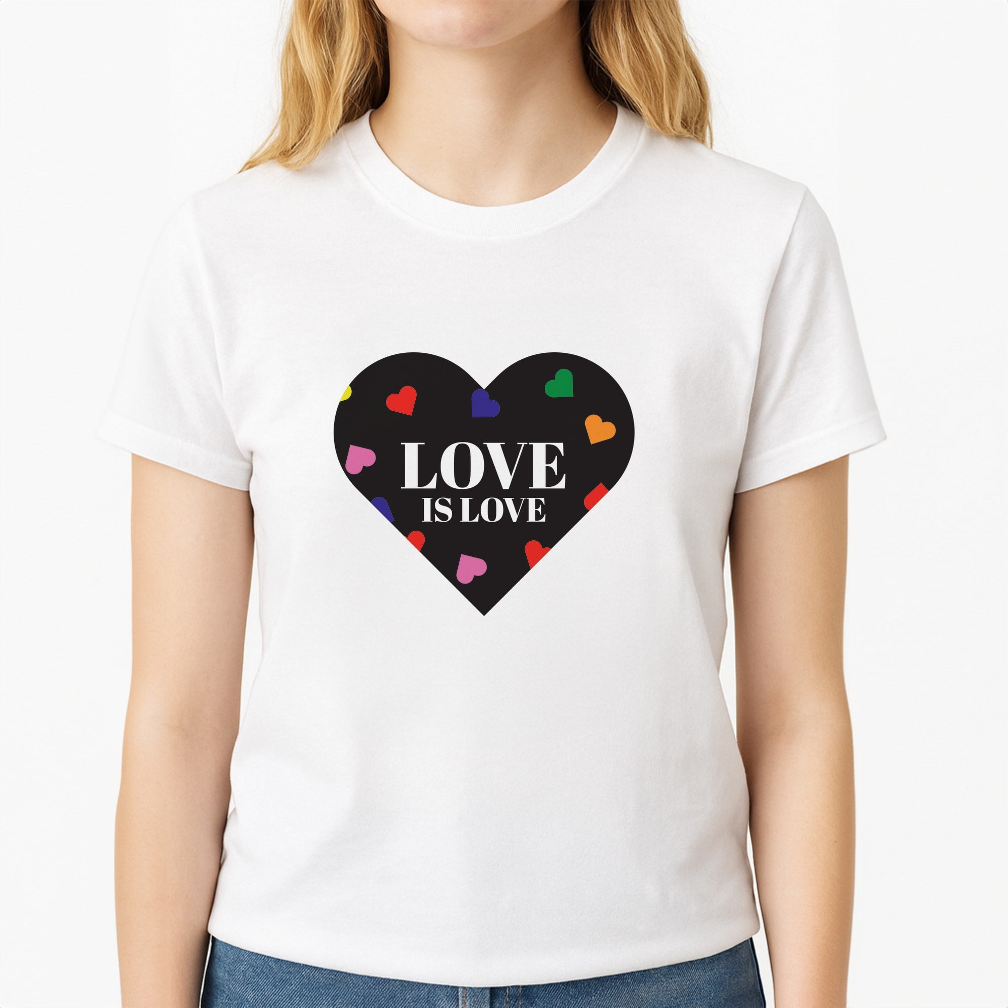 Love Is Love - Pride Unisex T-Shirt, worn by a female model