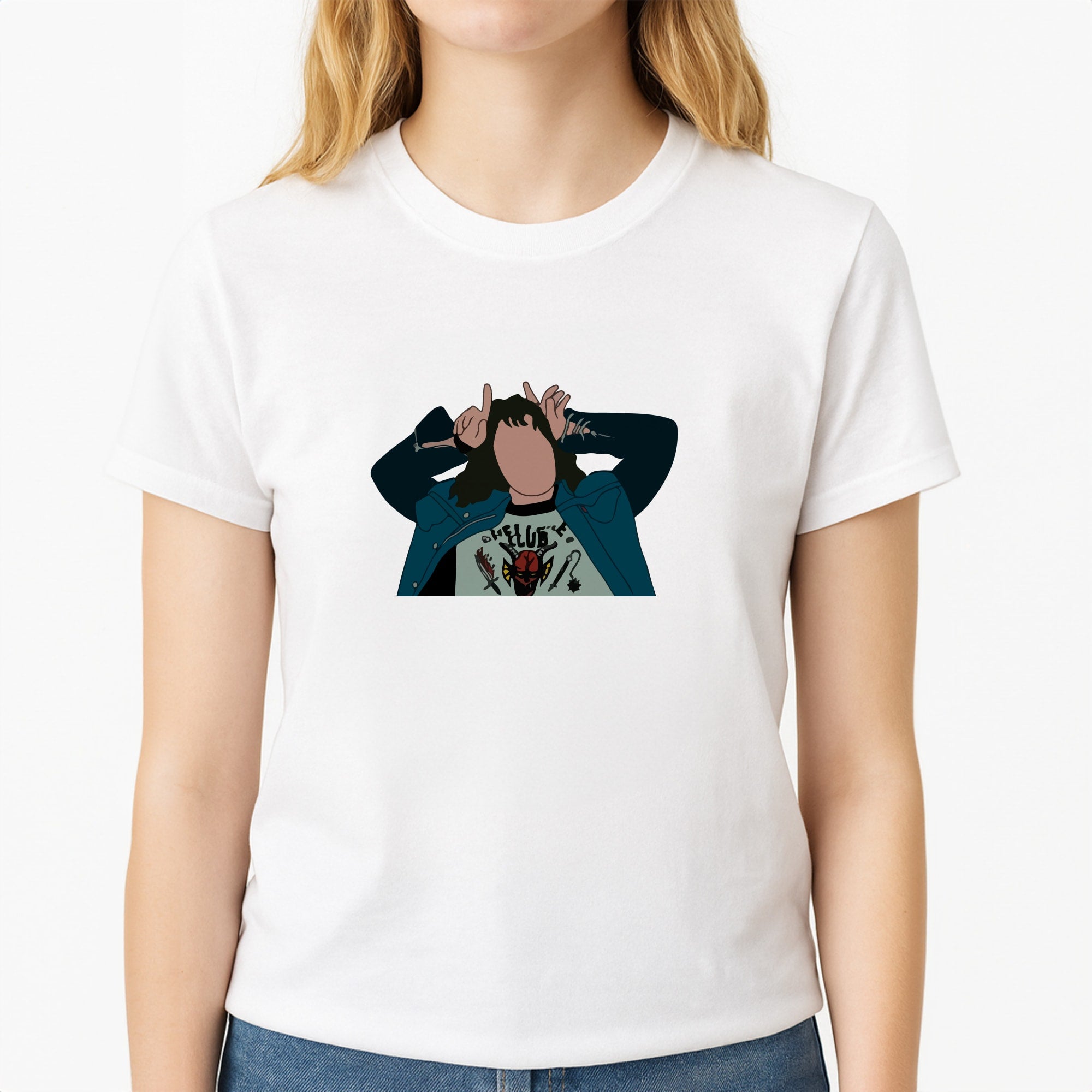 Eddie Munson Unisex T-Shirt, worn by a female model