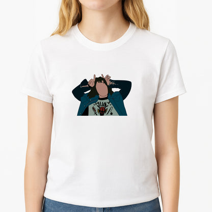Eddie Munson Unisex T-Shirt, worn by a female model