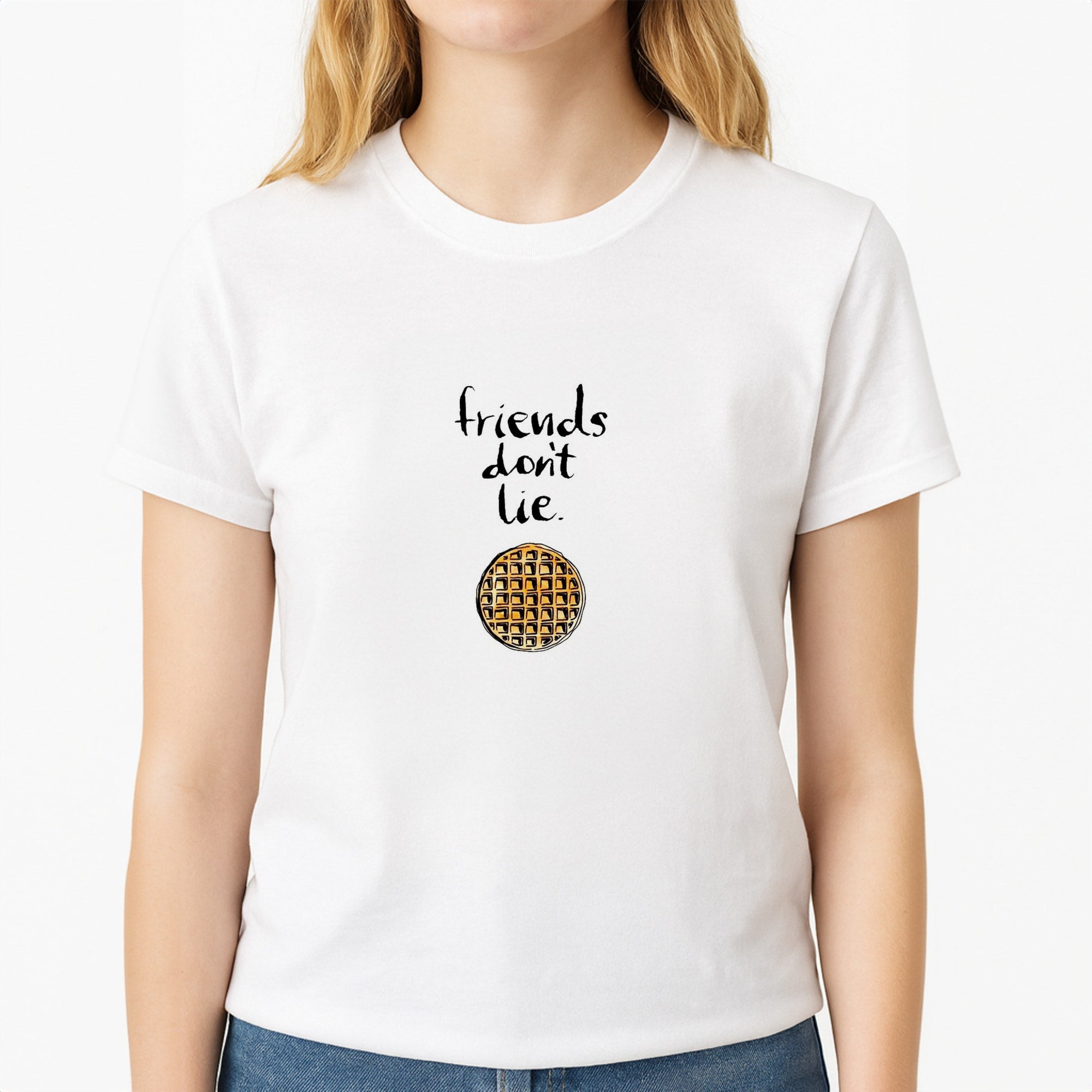 Friends Don't Lie Waffle Unisex T-Shirt, worn by a female model