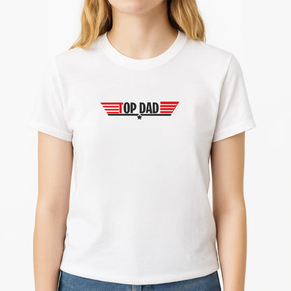 Top Dad- Fathers Day Unisex T-Shirt, worn by a female model