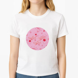 Coffee Pattern - Chamberlain Unisex T-Shirt, worn by a female model