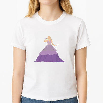 Purple Dress - Taylor Unisex T-Shirt, worn by a female model