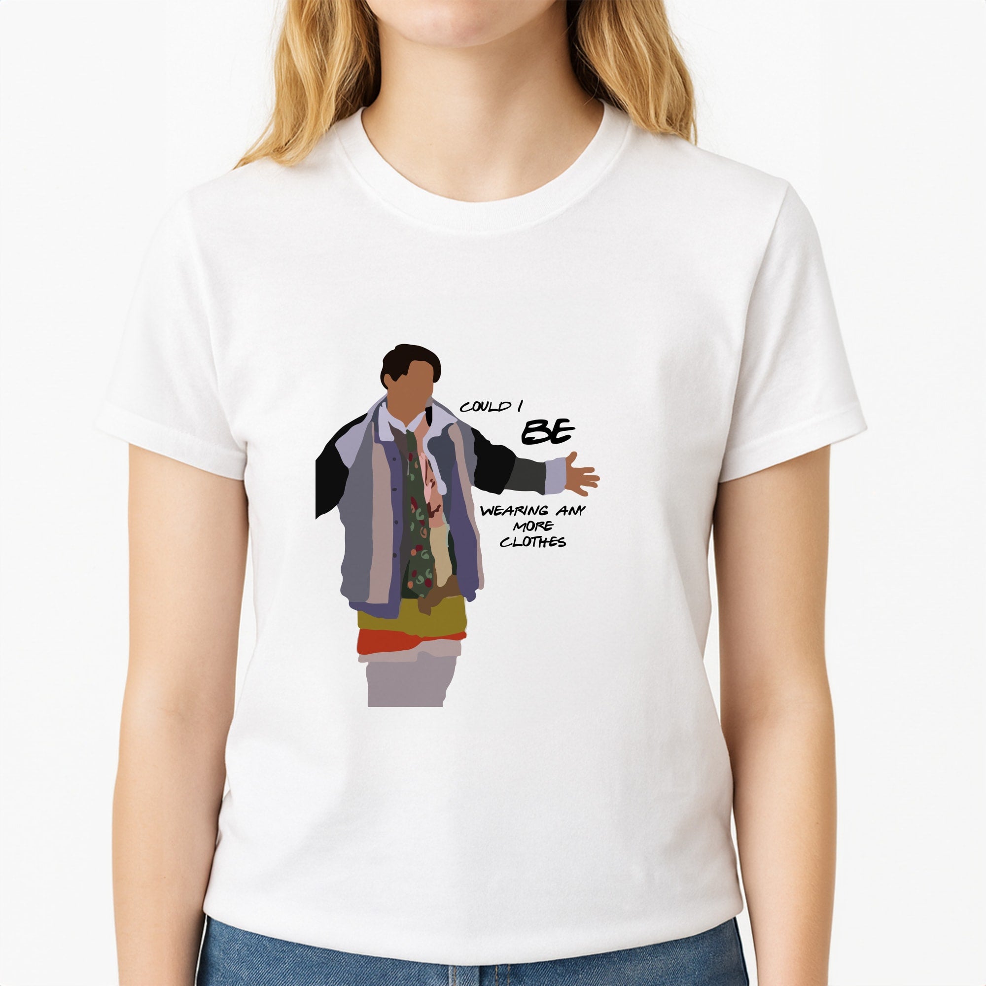 Could I Be Wearing Any More Clothes Unisex T-Shirt, worn by a female model