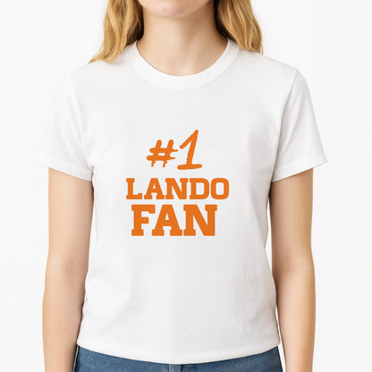 #1 Lando Fan Unisex T-Shirt, worn by a female model