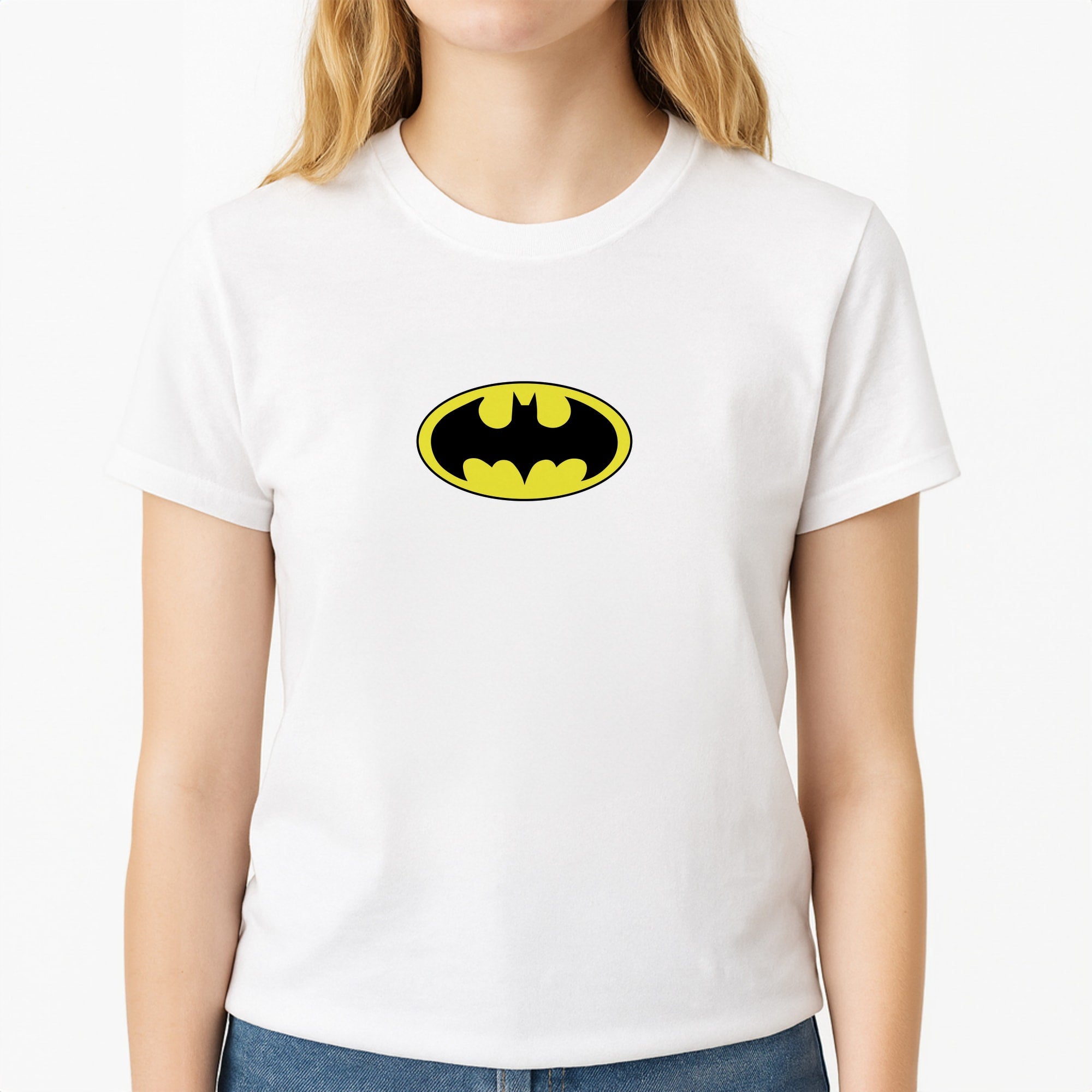 Black Bat Superhero Logo Unisex T-Shirt, worn by a female model
