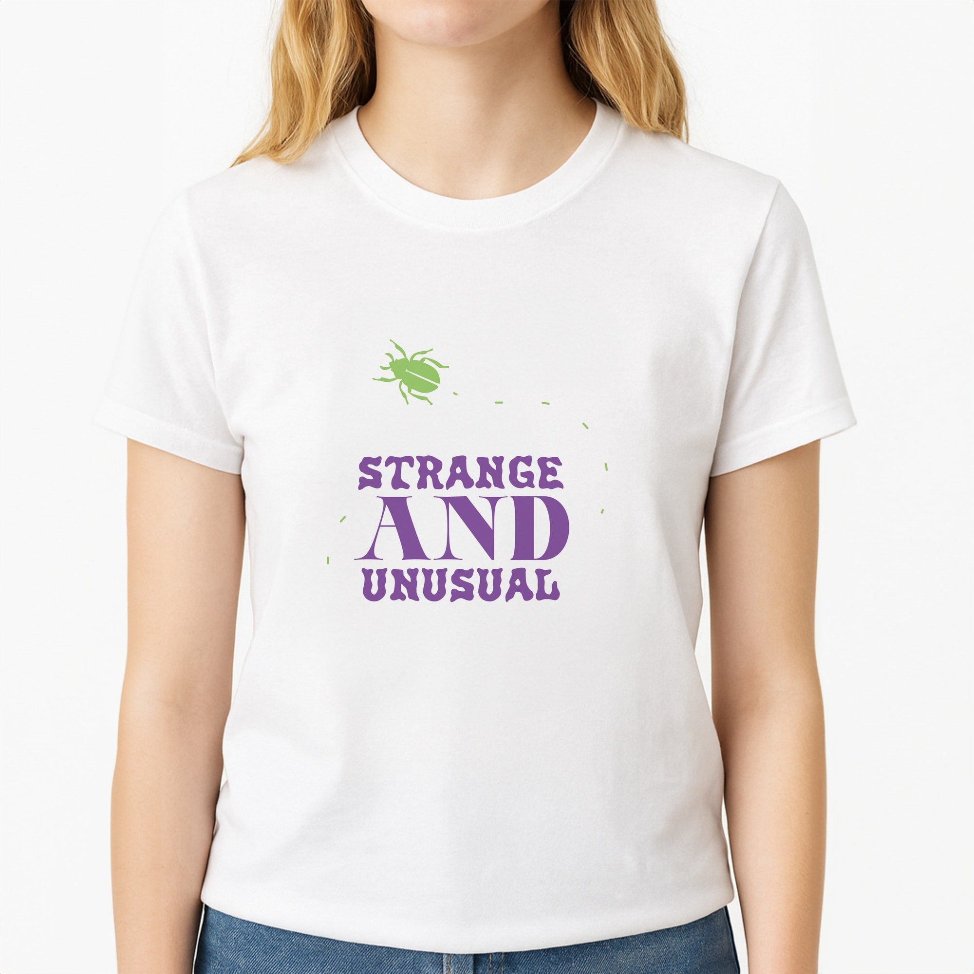 Strange And Unusual Unisex T-Shirt, worn by a female model