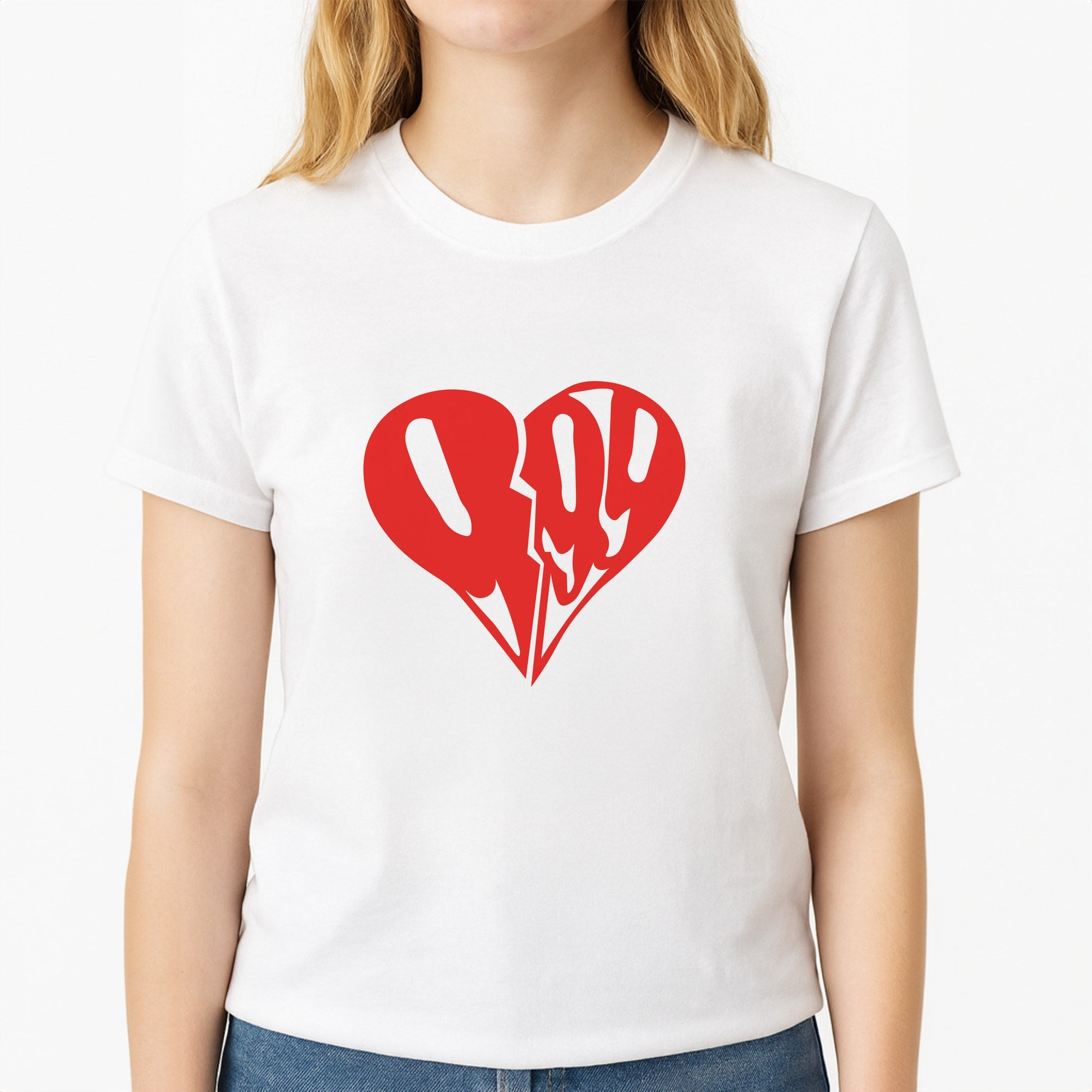 Heart - Juice Unisex T-Shirt, worn by a female model