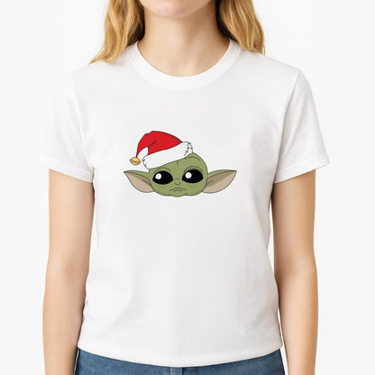 Baby Yoda Christmas Pattern Unisex T-Shirt, worn by a female model