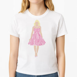 Pink Dress - Margot Unisex T-Shirt, worn by a female model