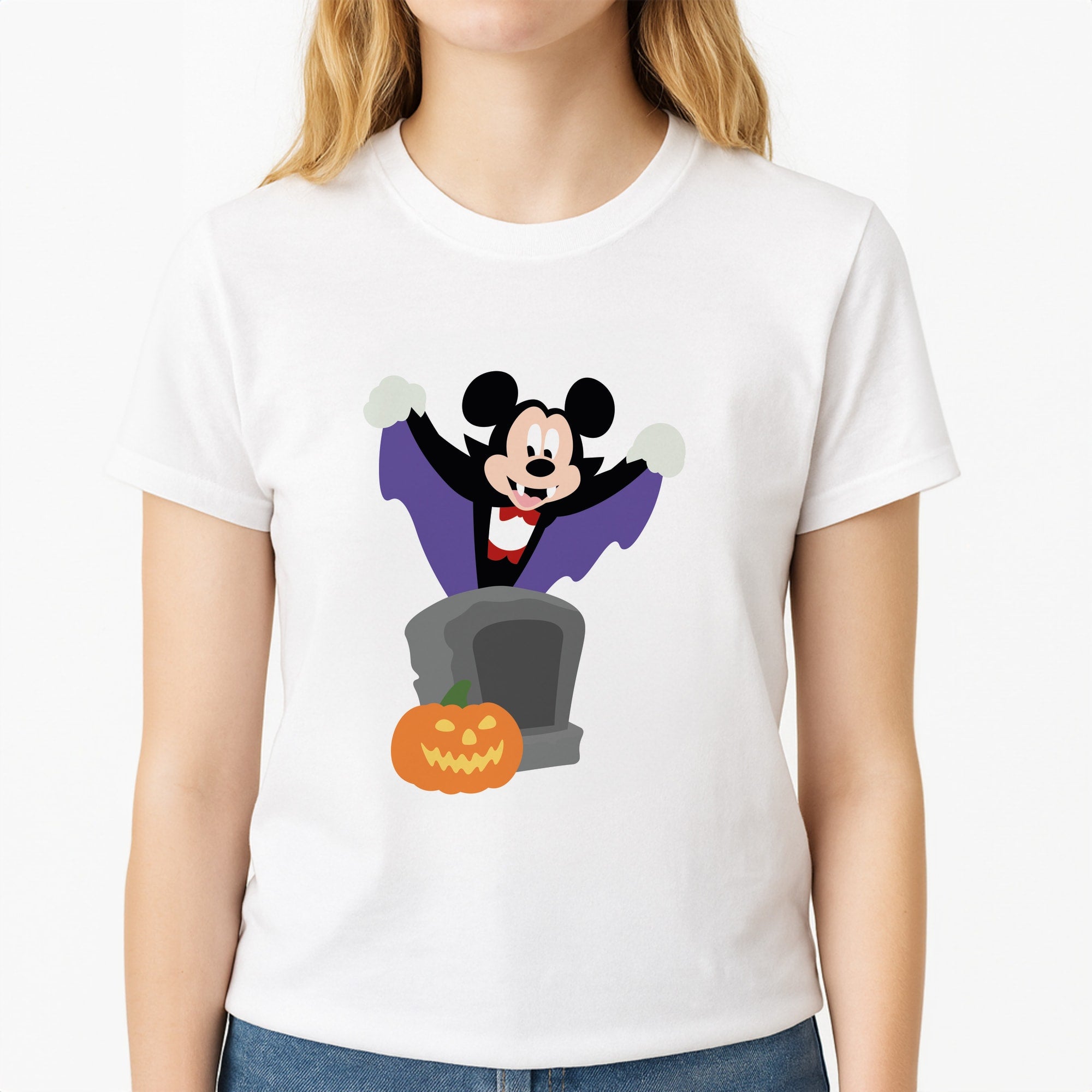 Vampire Mouse Halloween Unisex T-Shirt, worn by a female model