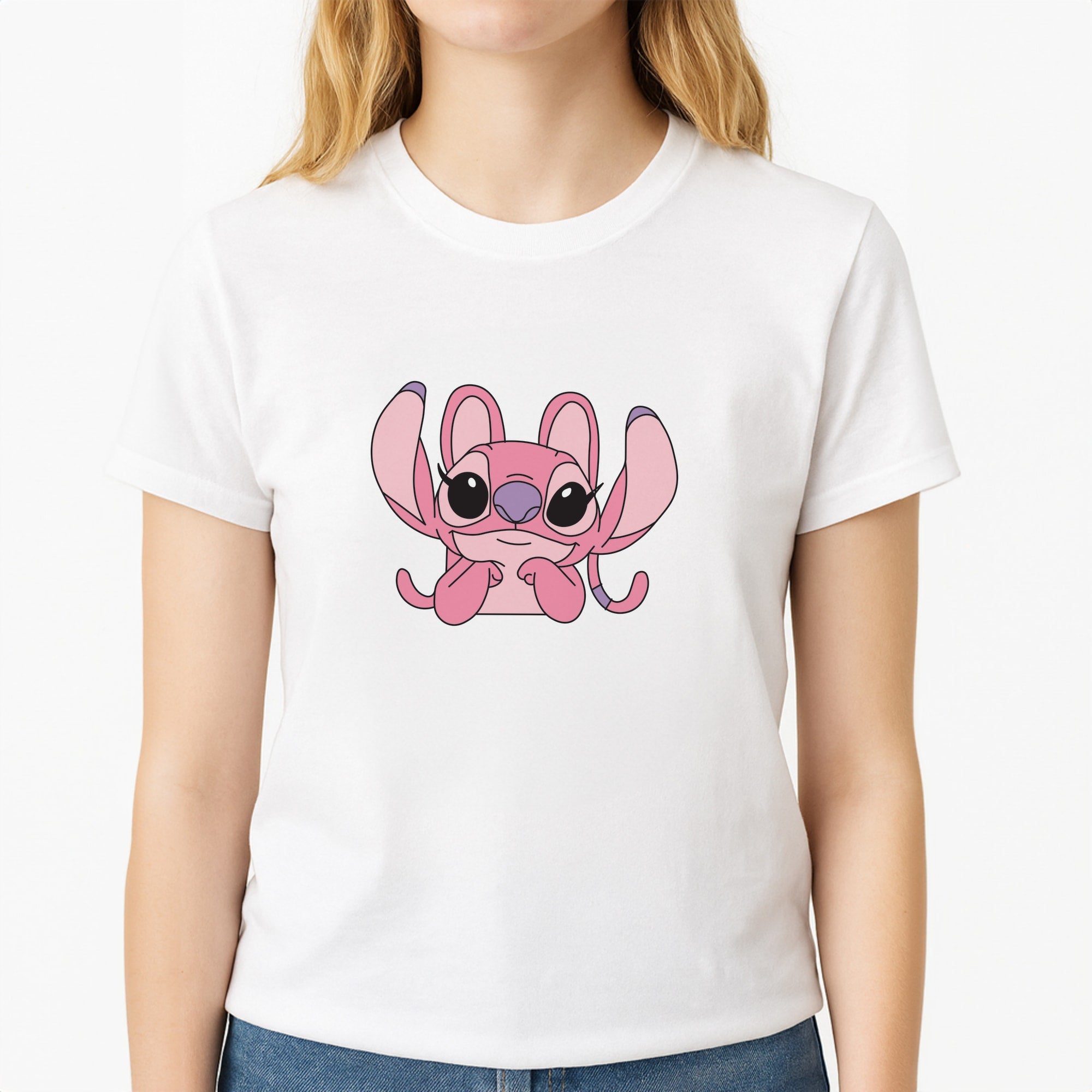 Gazing - Pink Alien Unisex T-Shirt, worn by a female model
