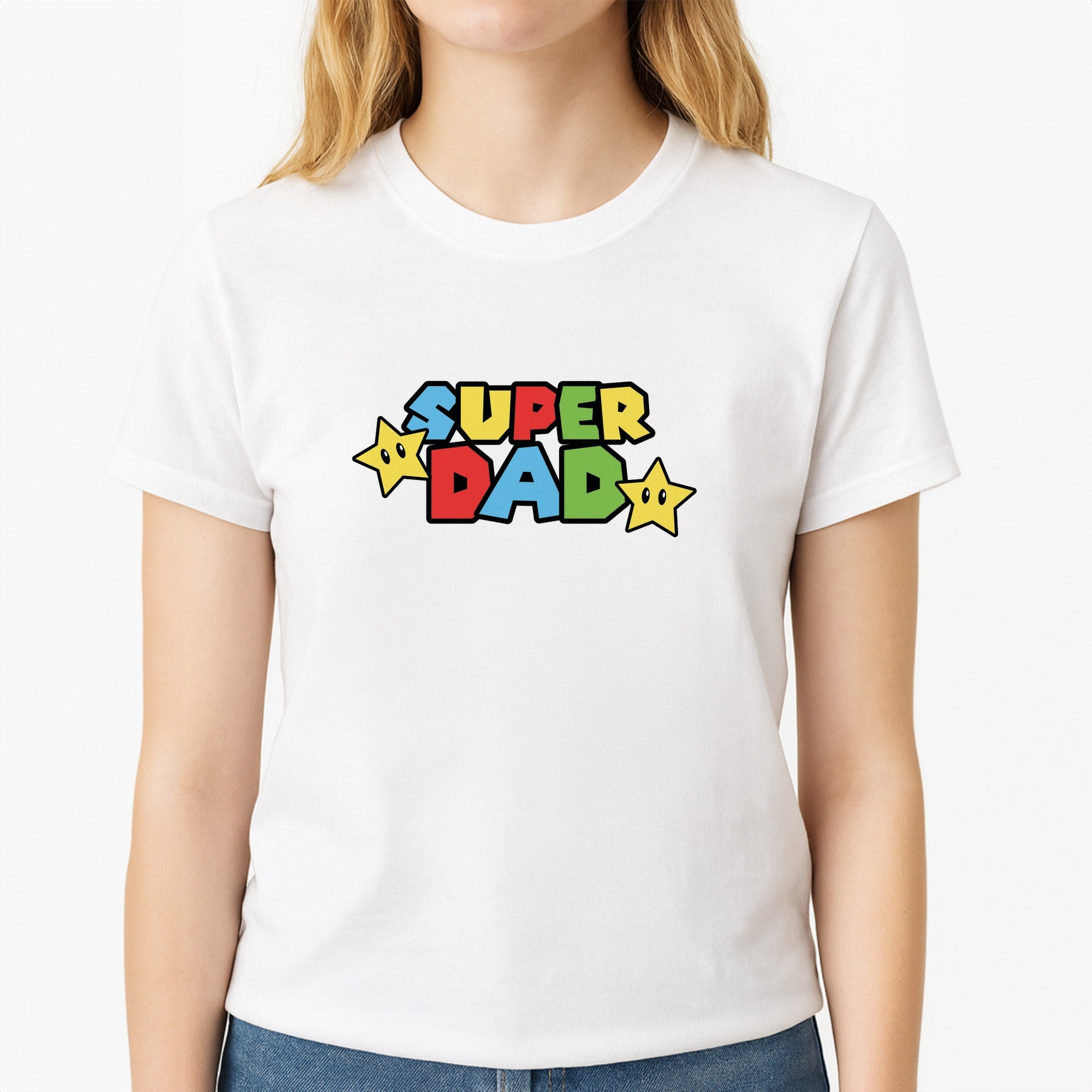 Super Dad  Unisex T-Shirt, worn by a female model