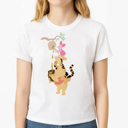 Bouncing Tiger , Piglet , Yellow Bear Unisex T-Shirt, worn by a female model