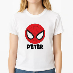 SpiderMan - Personalised Superhero Comic Unisex T-Shirt, worn by a female model