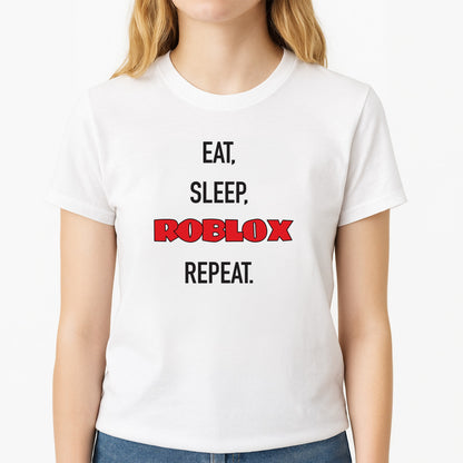 Eat, sleep, repeat Unisex T-Shirt, worn by a female model