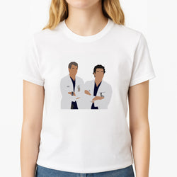 Two Doctors Arm Crossed - Grey's Unisex T-Shirt, worn by a female model