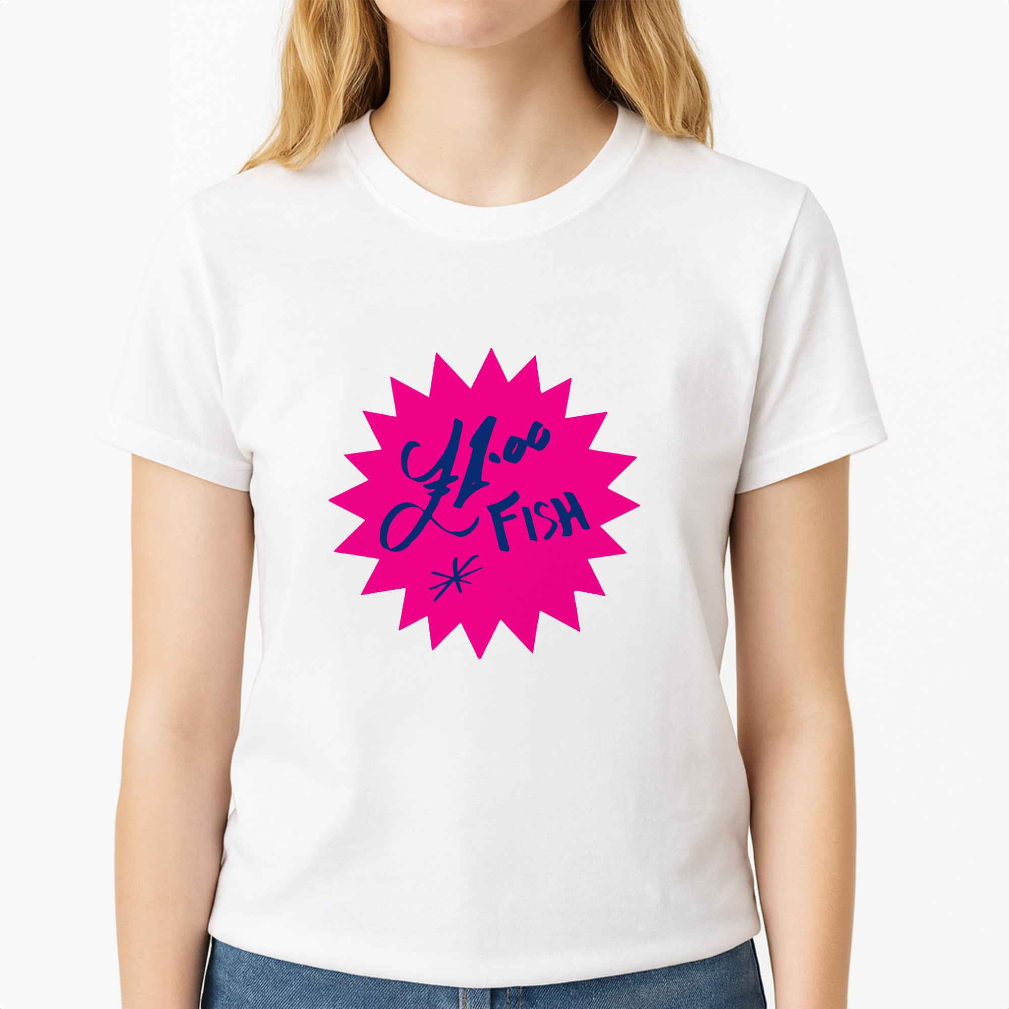 One Pound Fish - British Pop Culture Unisex T-Shirt, worn by a female model