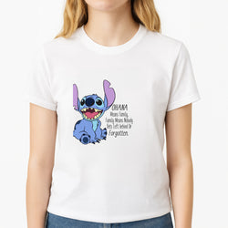 Ohana Means Family - Blue Alien Unisex T-Shirt, worn by a female model