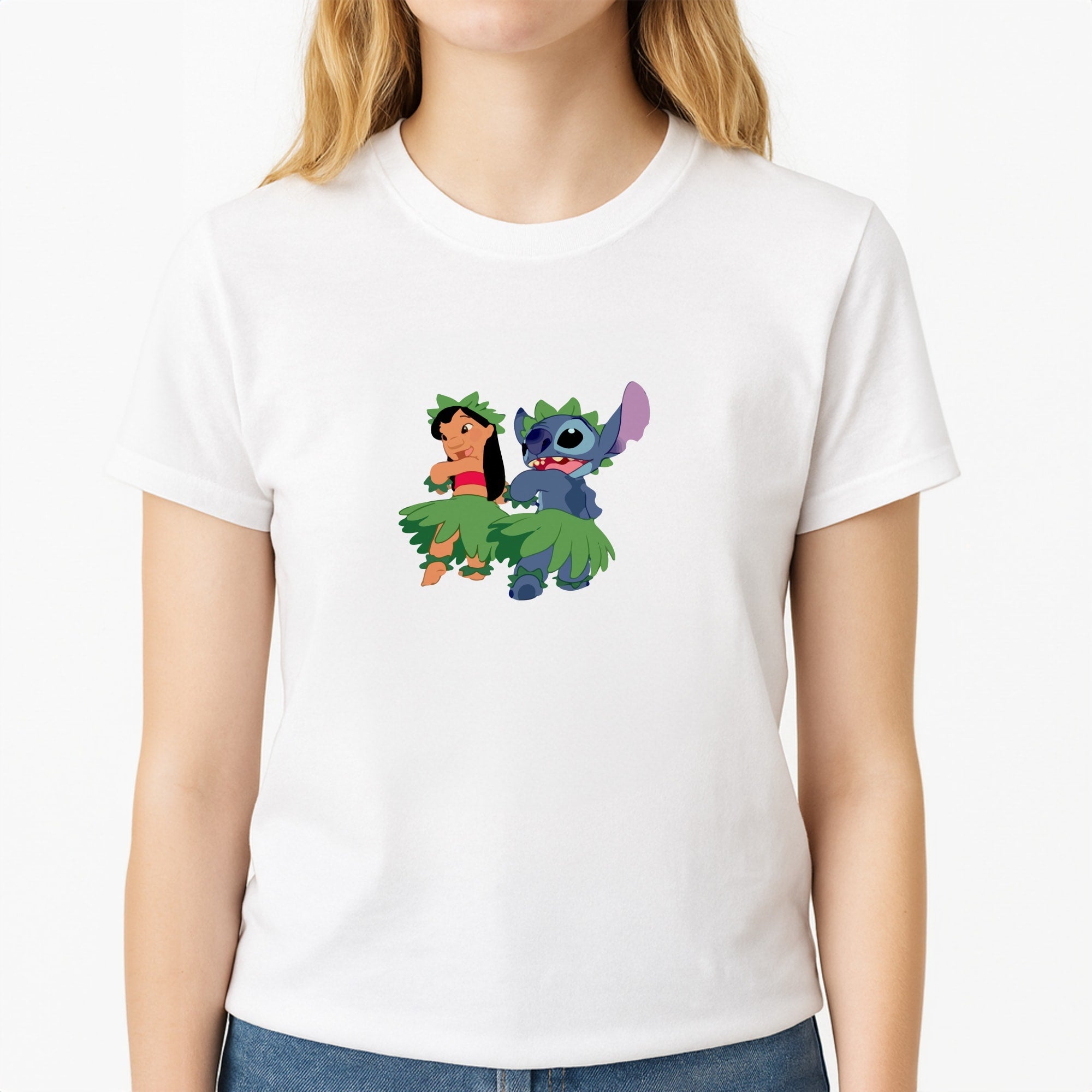 Lilo And Alien Blue Hoola Unisex T-Shirt, worn by a female model