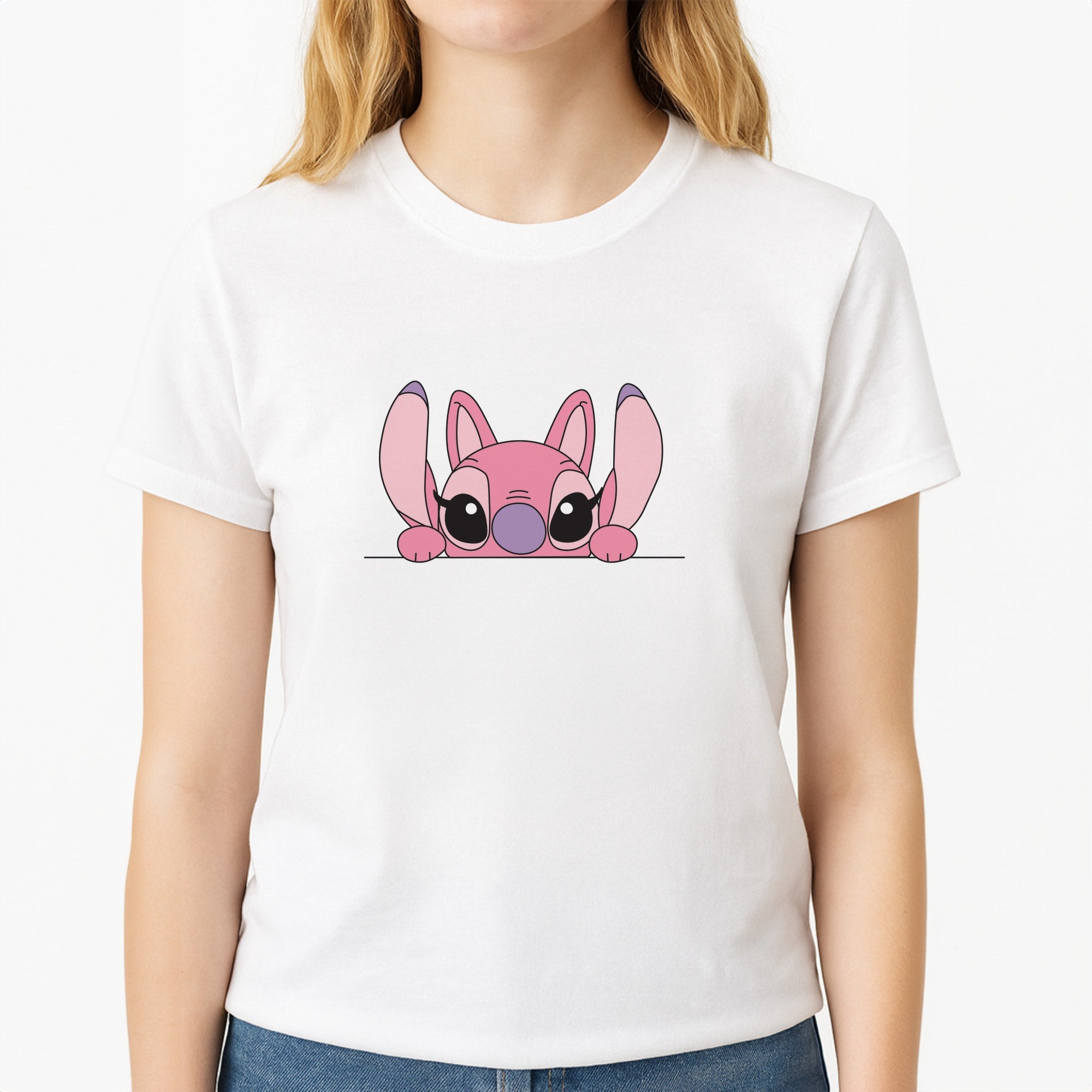 Angel Leaning - Pink Alien Unisex T-Shirt, worn by a female model