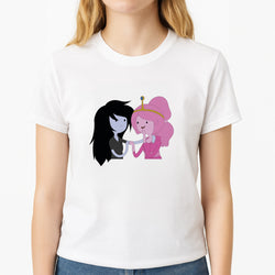 Marceline And Bubblegum Unisex T-Shirt, worn by a female model