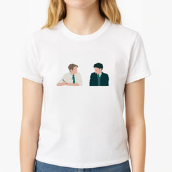 Blue And Yellow - Heart TV Unisex T-Shirt, worn by a female model