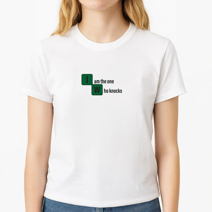 I Am The One Who Knocks Unisex T-Shirt, worn by a female model