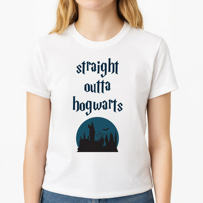 Straight Outta Hogwarts Unisex T-Shirt, worn by a female model