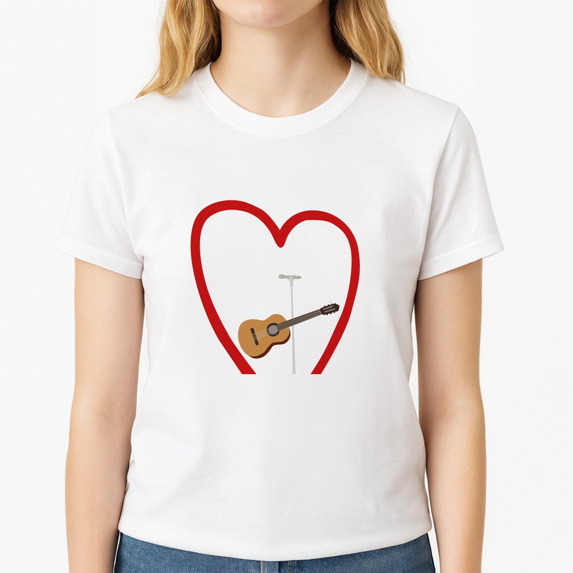 Love Guitar Unisex T-Shirt, worn by a female model