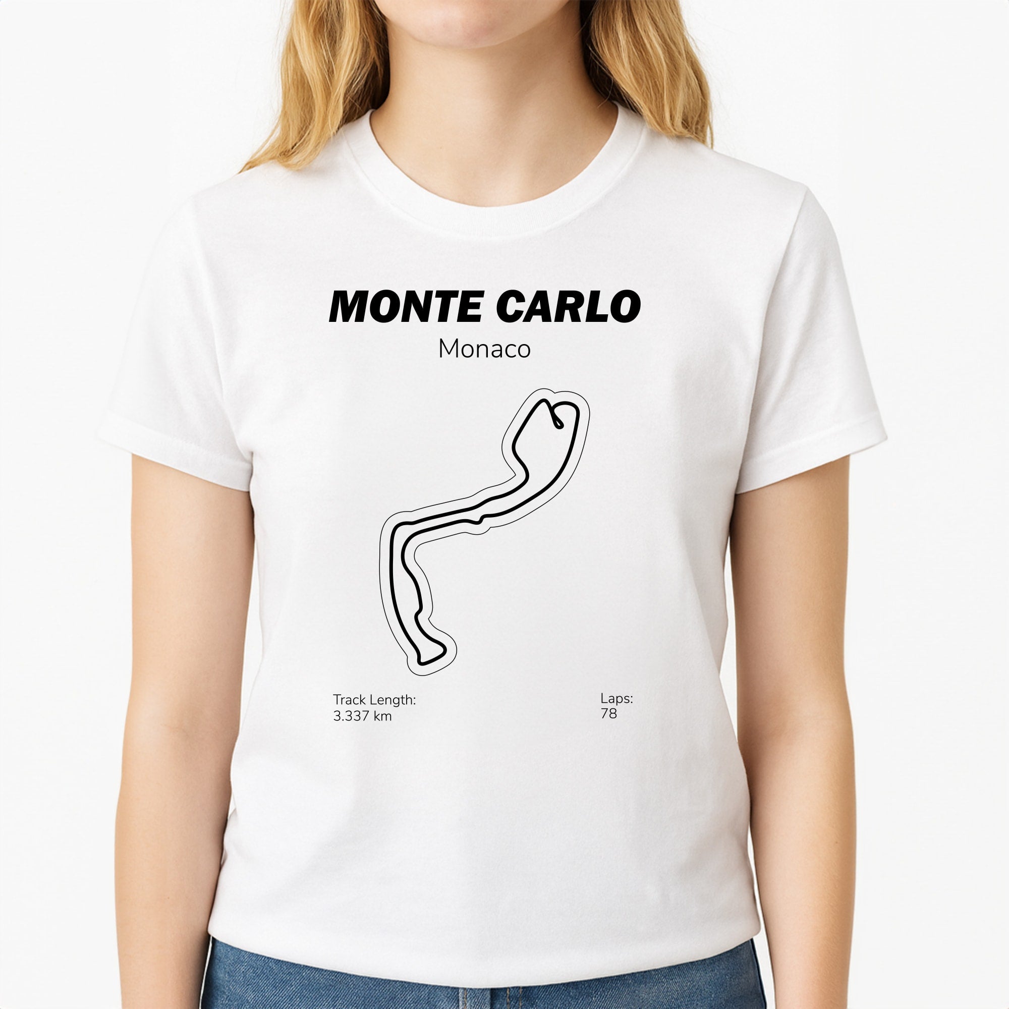 Monte Carlo Circuit Unisex T-Shirt, worn by a female model
