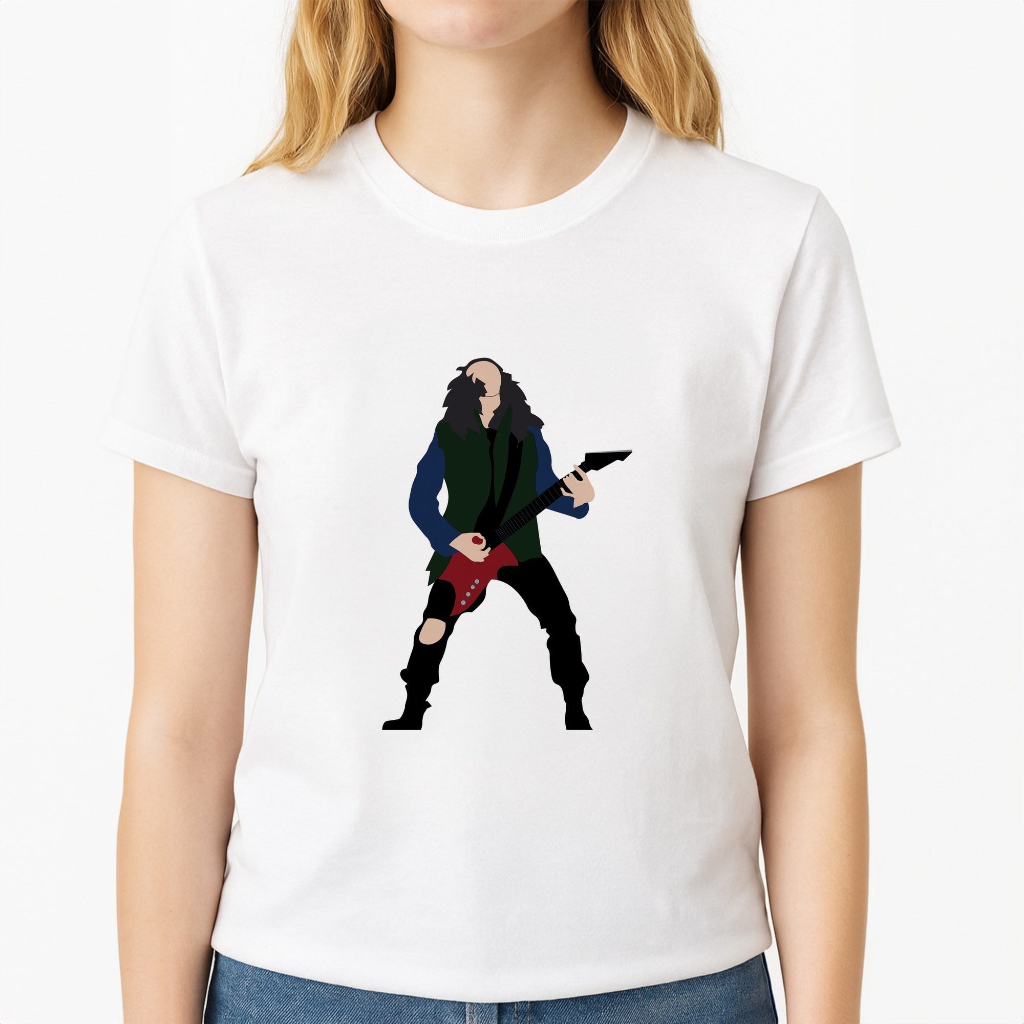 Eddie Munson Playing Guitar Unisex T-Shirt, worn by a female model