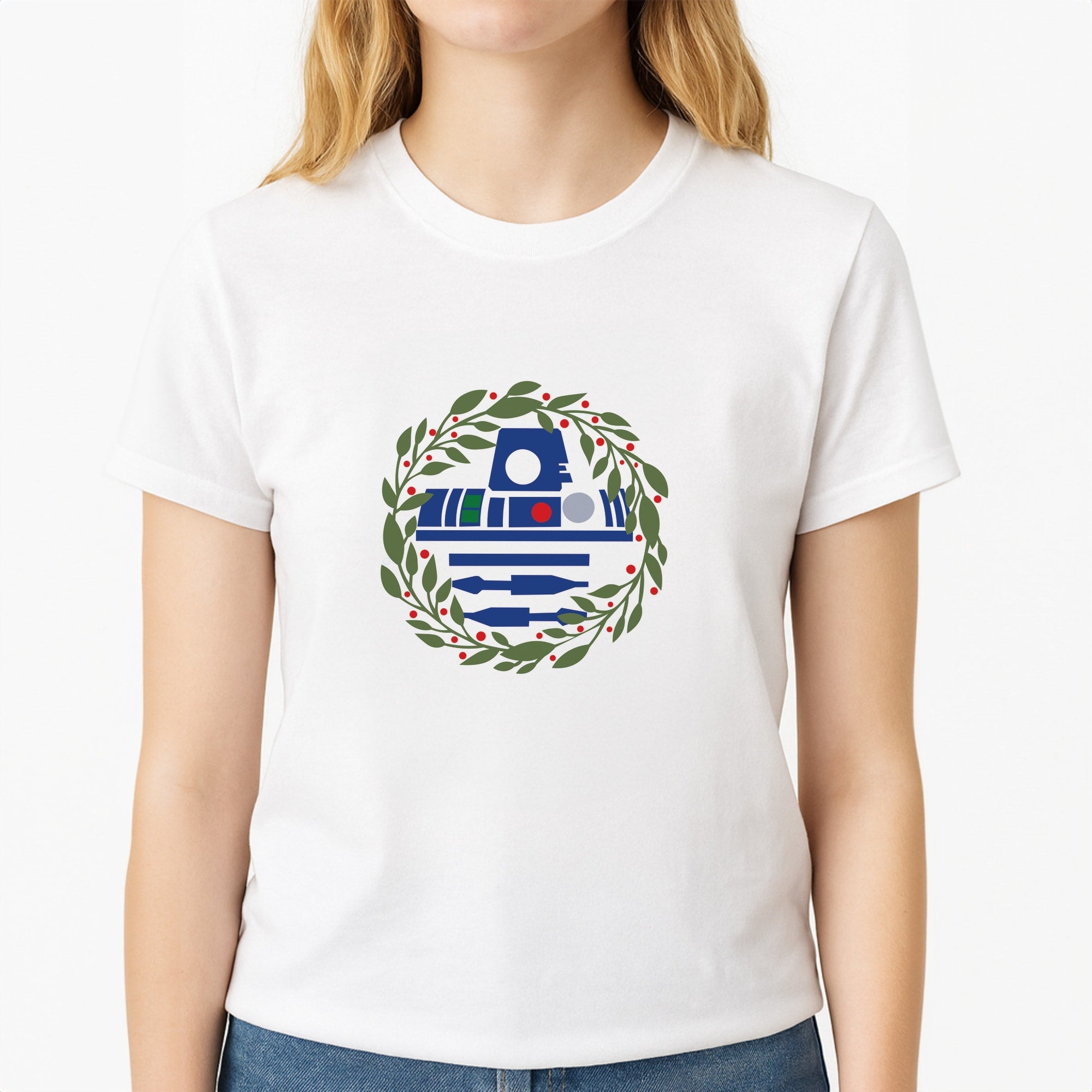 R2D2 Christmas Wreath Unisex T-Shirt, worn by a female model
