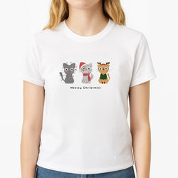 Meowy Christmas  Unisex T-Shirt, worn by a female model
