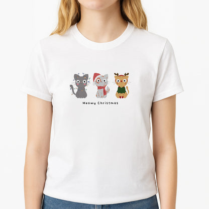 Meowy Christmas  Unisex T-Shirt, worn by a female model