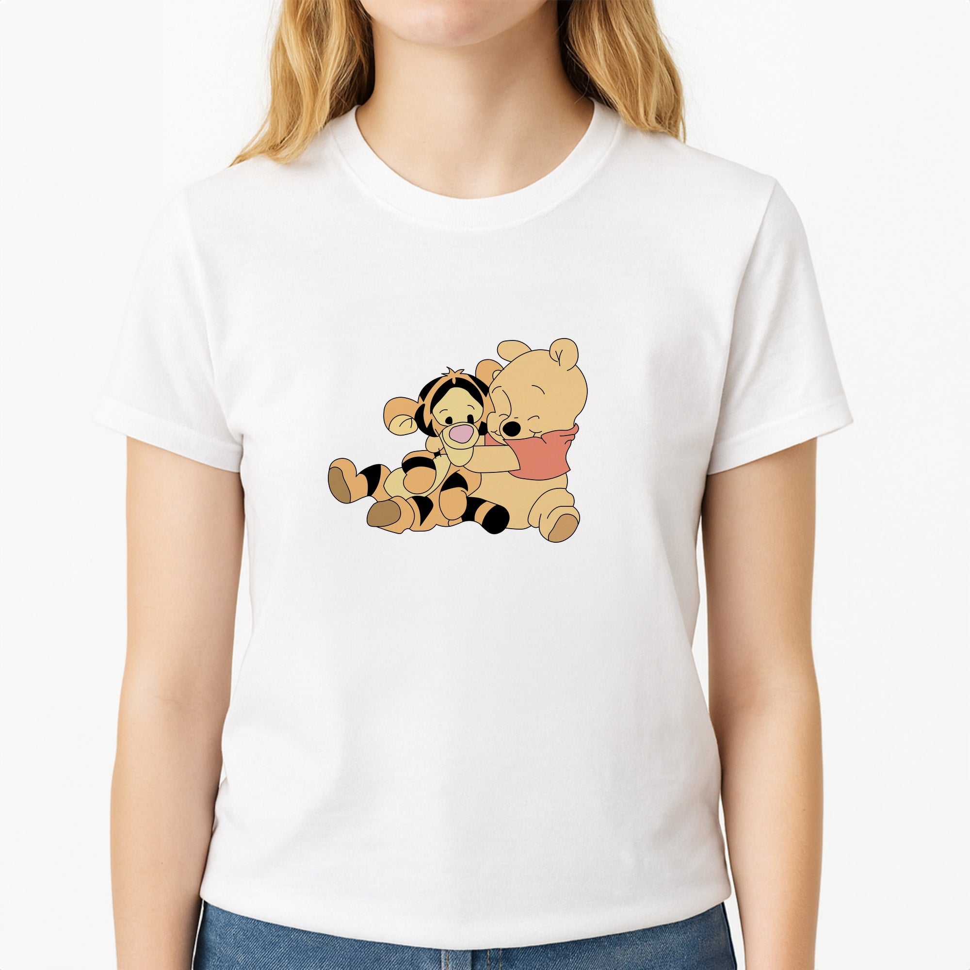 A Hug Said Pooh - Winnie Unisex T-Shirt, worn by a female model