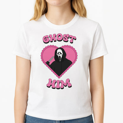 Ghost Him Unisex T-Shirt, worn by a female model